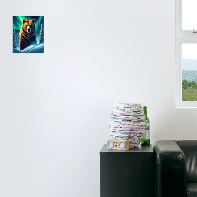 Grizzly Bear in Snow Corvered Forest With Northern Lights by BirdsnStuff